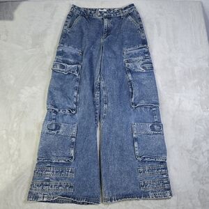FOREVER 21 Cargo Jeans Womens 27 Blue Flap Pockets Baggy Wide Leg Y2K Grunge